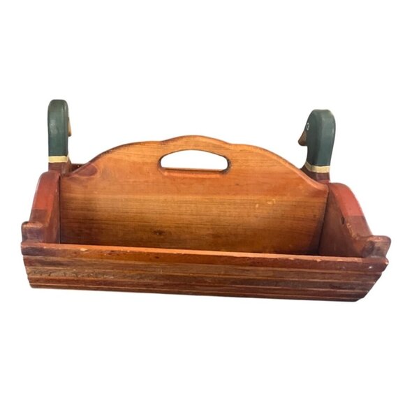 Vtg 18" Wooden Sawmill Critters Mallard Duck Slatted Wood Carry Basket Rustic Co - Picture 5 of 8